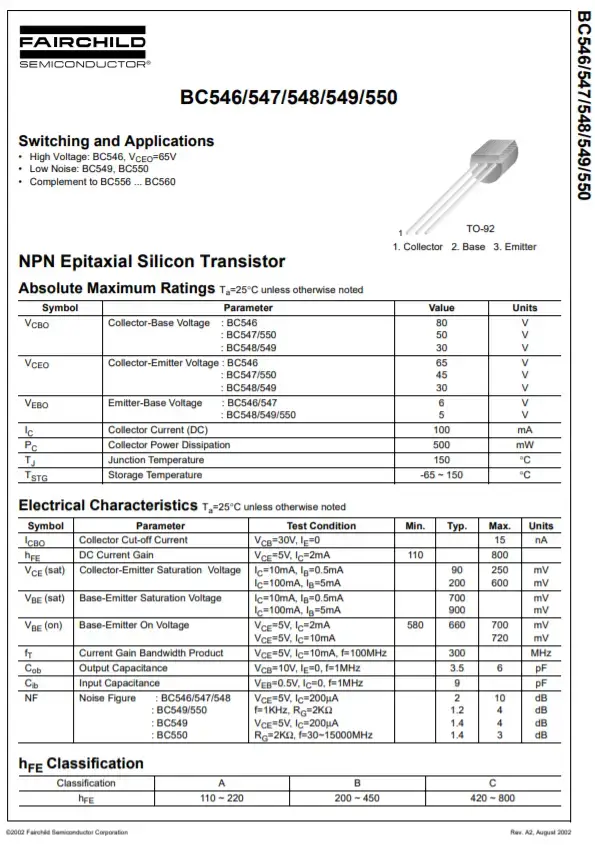 Pinout del transistor BC547, especificaciones, hoja de datos, equivalente y usos
