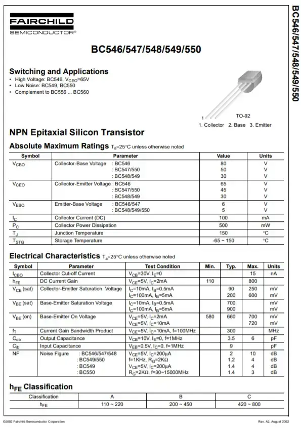 Pinout del transistor BC548, especificaciones, hoja de datos y aplicaciones