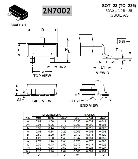 2N7002 MOSFET Pinout, equivalente, especificaciones y hoja de datos